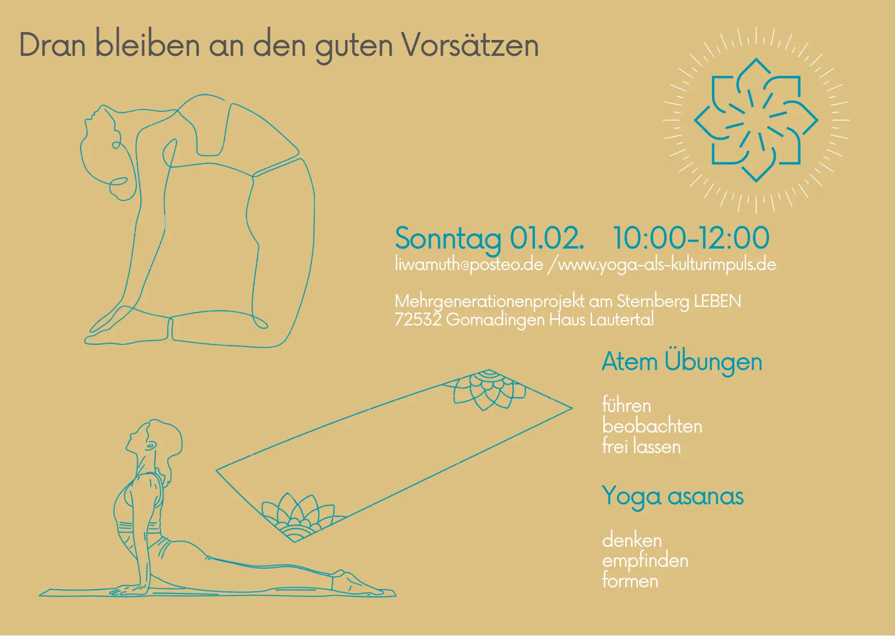 Flyer für den Event "Yoga Workshop" mit dem Motto "Dran bleiben an den guten Vorsätzen (für 2026)"