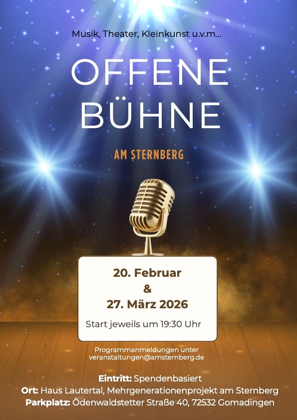 Plakat für die Veranstaltung "Offene Bühne am Sternberg", 2026-02-20 und 2026-03-27