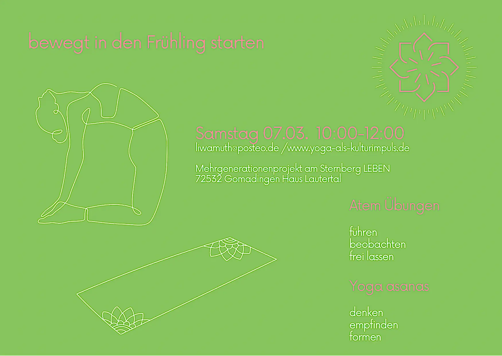 Flyer für den Event "Yoga Workshop" mit dem Motto "Bewegt in den Frühling starten"