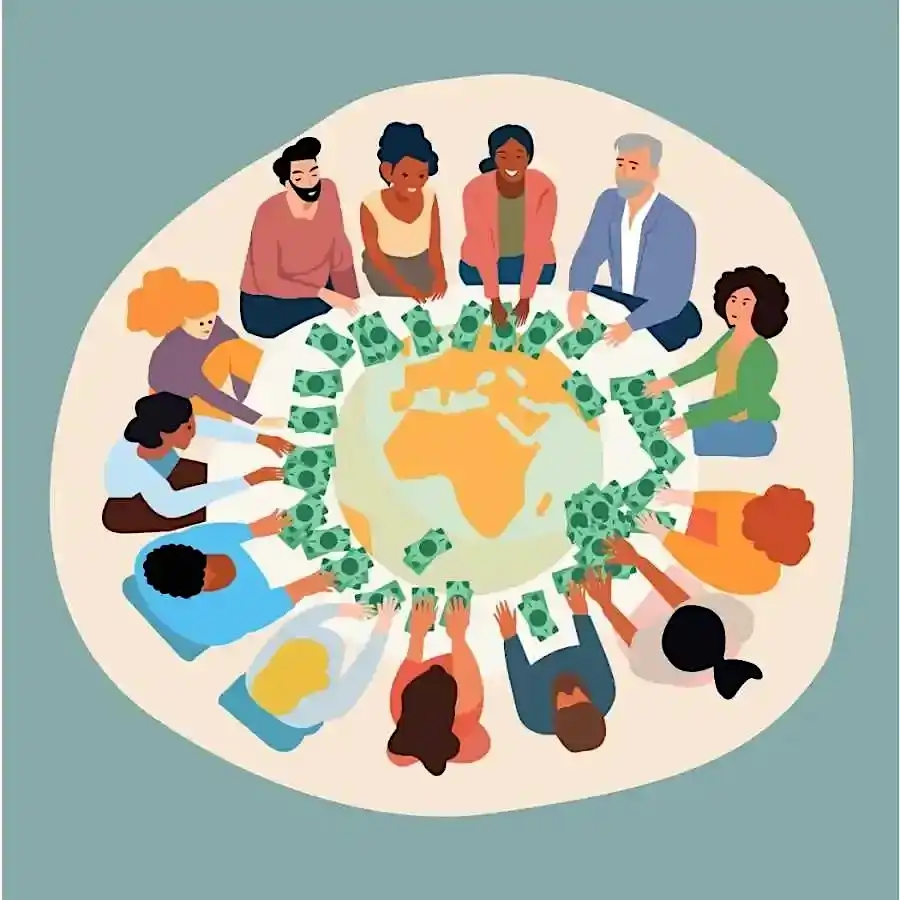 Illustration: View from above of people of different ethnicity sitting in a circle at a table with a map of the earth. Each one of them with a few dollar notes in their hands like in a card game.